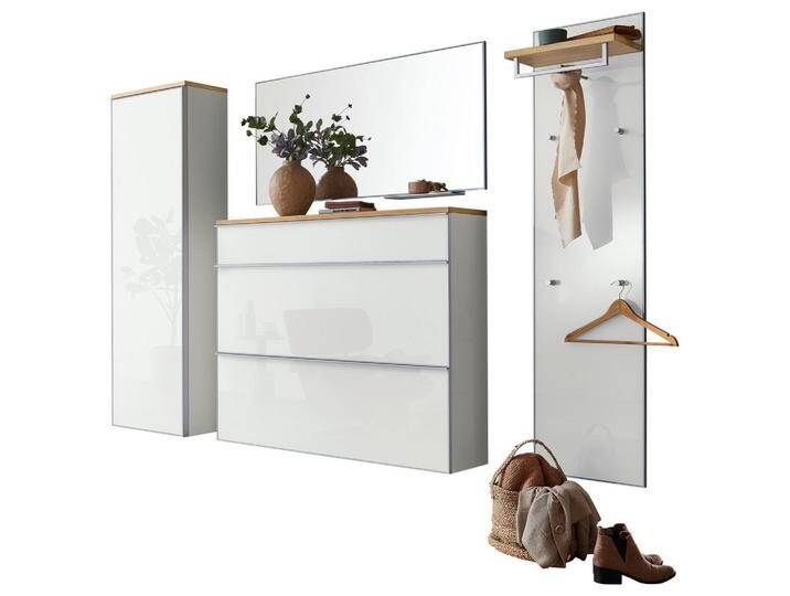 XXXL GARDEROBE, Weiß, Holz, Glas, 5-teilig, Balkeneiche, furniert, 255x195x31 cm, DGM-Klimapakt, Goldenes M, Made in Germany, Garderobe, von XXXLutz
