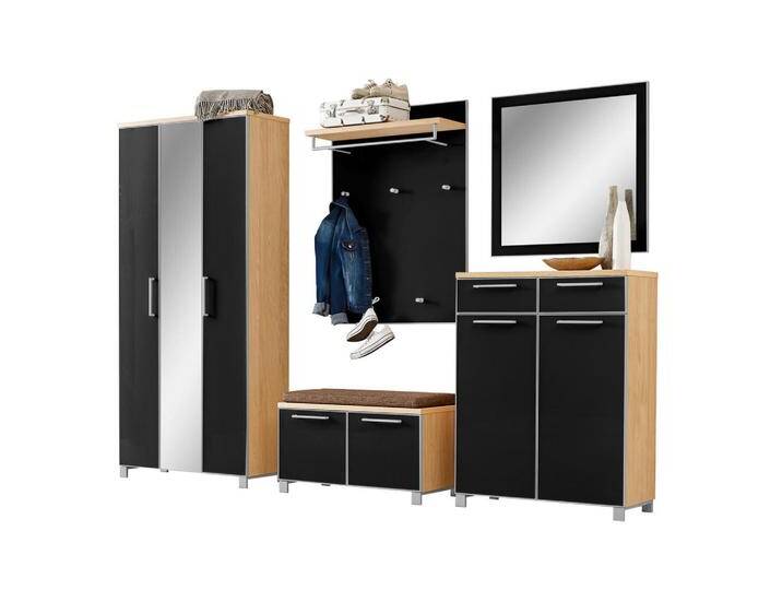 XXXL GARDEROBE Santina, Anthrazit, Eiche, Hellbraun, Holz, Glas, 6-teilig, Eiche, furniert, 265x195x40 cm, Goldenes M, Made in Germany, DGM-Klimapakt, von XXXLutz