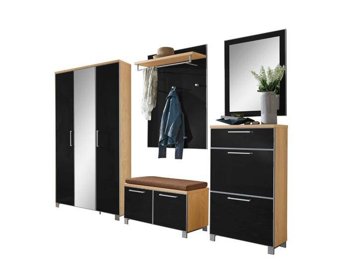 XXXL GARDEROBE Santina, Anthrazit, Taupe, Eiche, Holz, Glas, 6-teilig, Eiche, furniert, 245x195x40 cm, Goldenes M, Made in Germany, DGM-Klimapakt, von XXXLutz
