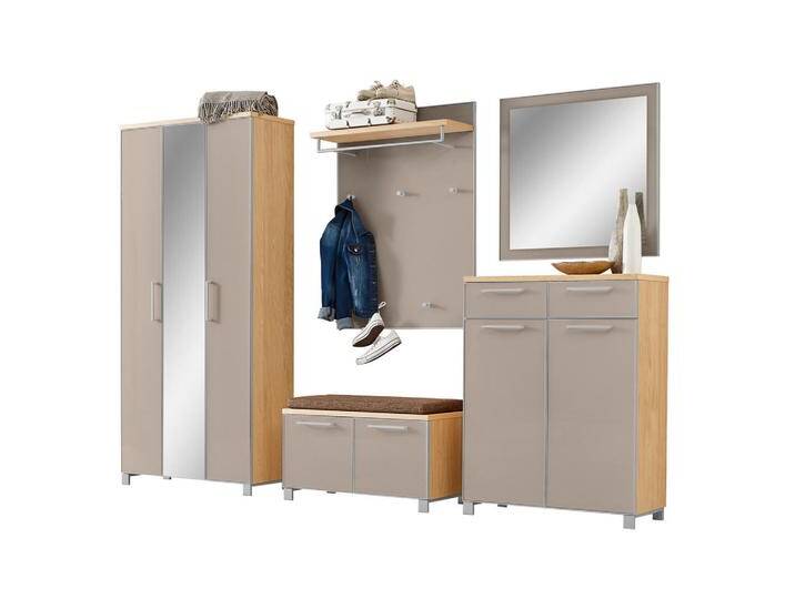 XXXL GARDEROBE Santina, Taupe, Eiche, Hellbraun, Holz, Glas, 6-teilig, Eiche, furniert, 265x195x40 cm, Goldenes M, Made in Germany, DGM-Klimapakt, von XXXLutz