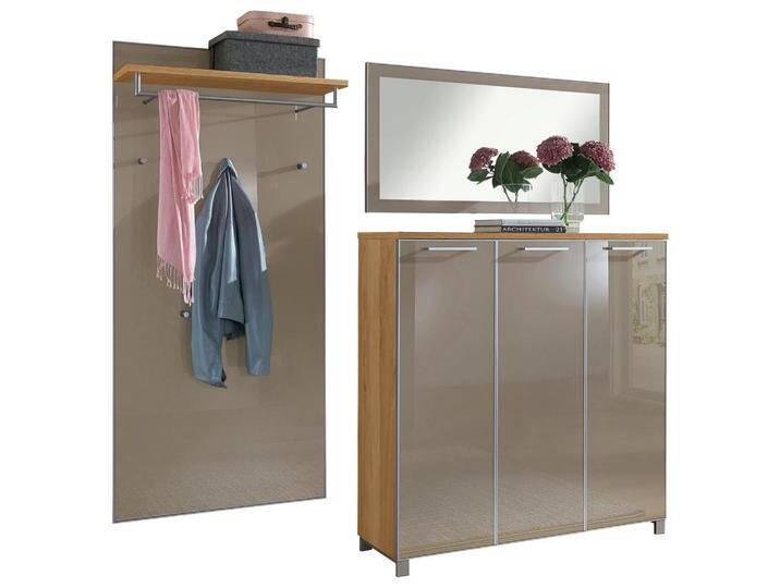 XXXL GARDEROBE Santina, Taupe, Eiche, Holz, Glas, 3-teilig, furniert, 215x195x37 cm, Goldenes M, Made in Germany, DGM-Klimapakt, Garderobe, von XXXLutz