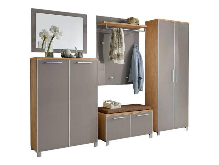 XXXL GARDEROBE Santina, Taupe, Hellbraun, Eiche Bianco, Holz, Glas, 6-teilig, furniert, 260x193x40 cm, Goldenes M, Made in Germany, DGM-Klimapakt, von XXXLutz