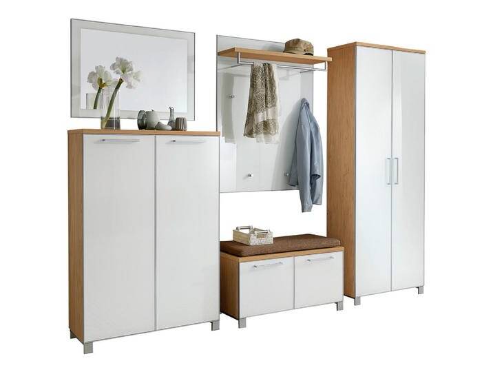 XXXL GARDEROBE Santina, Weiß, Eiche, Hellbraun, Holz, Glas, 6-teilig, furniert, 260x193x40 cm, Goldenes M, Made in Germany, DGM-Klimapakt, Garderobe, von XXXLutz