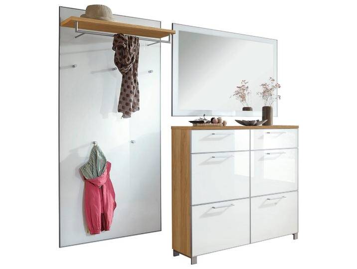 XXXL GARDEROBE Santina, Weiß, Eiche, Holz, Glas, 3-teilig, furniert, 210x195x31 cm, Goldenes M, Made in Germany, DGM-Klimapakt, Garderobe, von XXXLutz