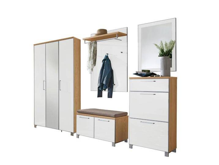 XXXL GARDEROBE Santina, Weiß, Taupe, Eiche, Holz, Glas, 6-teilig, Eiche, furniert, 245x195x40 cm, Goldenes M, Made in Germany, DGM-Klimapakt, von XXXLutz