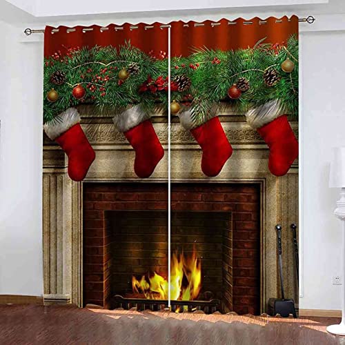 3D Kamin Und Rote Weihnachtsstrümpfe Vorhang Blickdicht, Verdunklungsvorhänge 2 x 110 x 215 cm Thermisch Isoliert Verdunkeln Gardinen Wohnzimmer Schlafzimmer Geräuschreduzierung mit Ösen Vorhänge von XXXXAWA