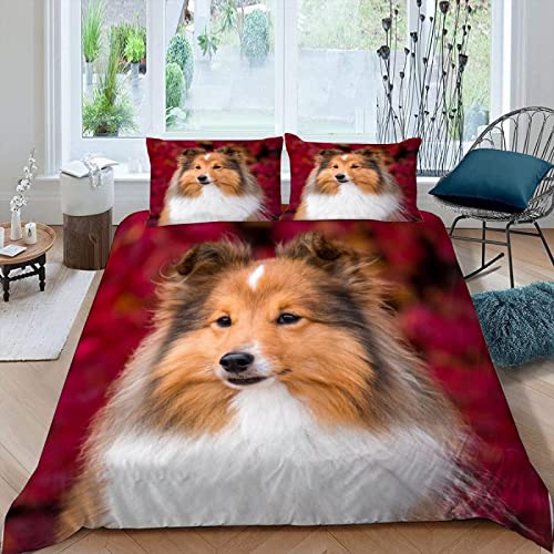 Bettwäsche 135x200 Tier, 3D Drucken Sheltie Bettbezug + 2 Kissenbezug 80x80 cm mit ReißVerschluss, Weiche GebüRstet Mikrofaser Bettzeug Set von XXXXAWA