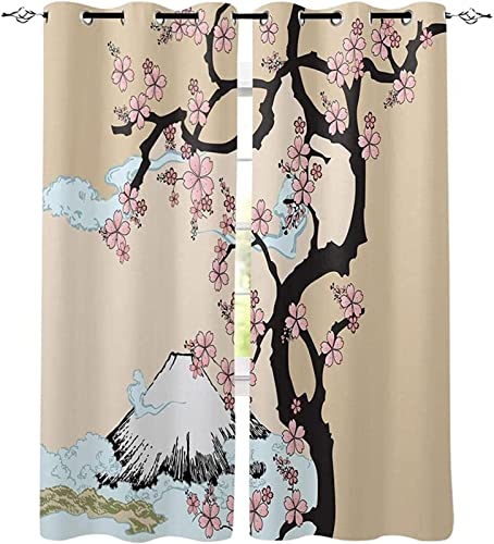 Vorhang Blickdicht mit Ösen 3D Japan Kirschblüte Schneeberg, Verdunklungsvorhänge 220 x 215 cm（B X H） Thermisch Isoliert Verdunkeln Gardinen Wohnzimmer Schlafzimmer Geräuschreduzierung Vorhänge von XXXXAWA