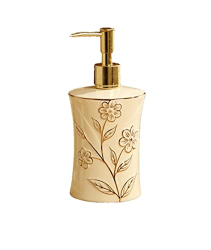 Seifenspender, Spülmittelspender aus Keramik for die Küchenspüle mit goldener Pumpe, Handseifenspender, dekorative nachfüllbare Flasche in Barock-Gold Blumenmuster und Weiß von XYAGYUND