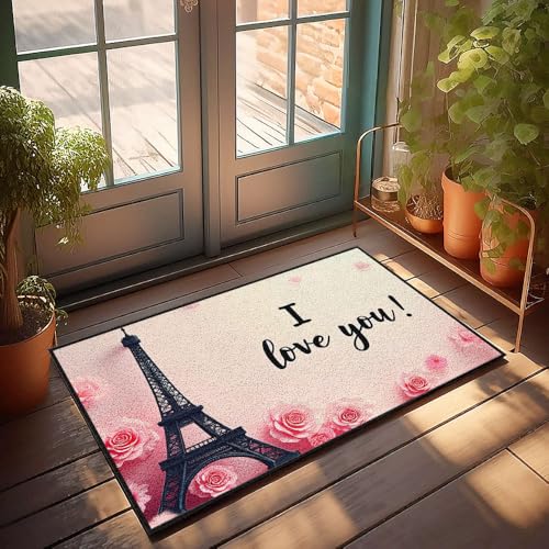 XYBH Fußmatte für Herren, Eiffelturm mit Blumen und ich liebe dich, Text, Fußmatte, Spielzimmer-Dekoration, Schlafzimmer-Zubehör (50 x 80 cm) von XYBH
