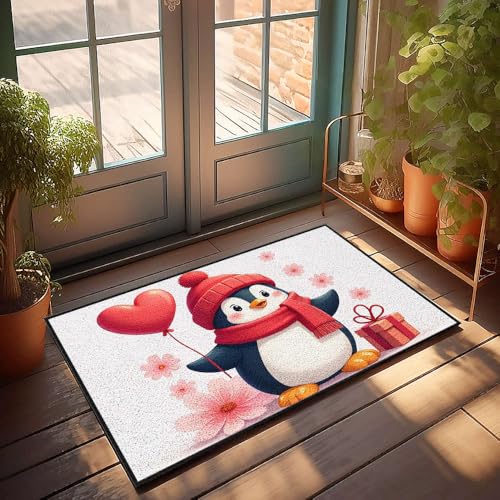 XYBH Fußmatte für den Außenbereich, süßer Pinguin mit herzförmigem Ballon und Blumen, 50 x 80 cm von XYBH