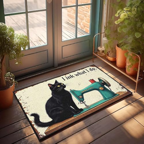XYBH Herbst-Outdoor-Teppich für Haustür, eine schwarze Katze sitzt neben einer Nähmaschine, mit dem Text I Ink What I Do. Fußmatte, lustige Stoffe, für den Außenbereich, 65 x 90 cm von XYBH