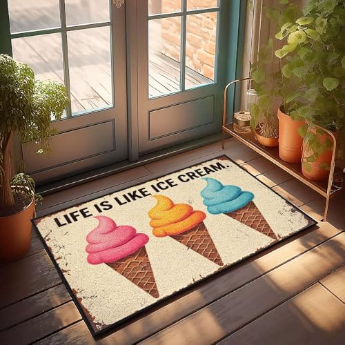 XYBH Herbst-Outdoor-Teppich für die Haustür, Leben ist wie Eiscreme. Fußmatte, lustige Stoffe, für den Außenbereich, 65 x 90 cm von XYBH
