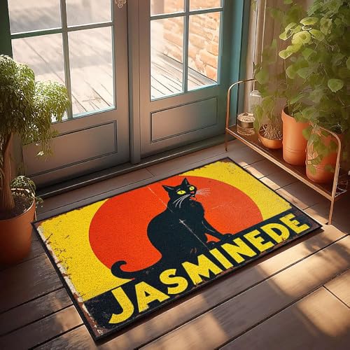 XYBH Outdoor Herbstteppich, Vintage-Poster mit schwarzer Katze und Jasmin-Text, Fußmatte, Hot Cocoa Bar Decor Matte Schuhe (50 x 80 cm) von XYBH