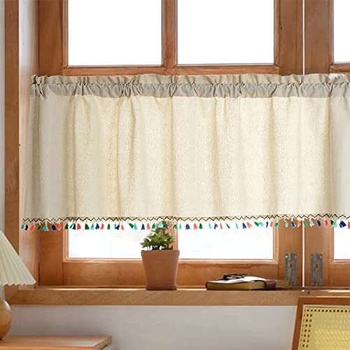 Bunte Quaste Bauernhaus Baumwolle Leinen Scheibengardine, Landhaustil Rod Pocket Kurze Vorhänge, Semi Verdunkelung Cafe Vorhänge für Küche Bad Schränke (Size : W132xH46cm/52x18inch) von XYBI Store