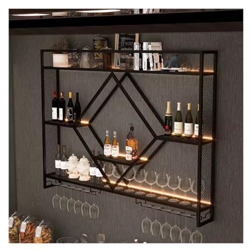 An der Wand montiertes Weinregal mit LED-Leuchten, moderner hängender Weinglashalter aus Metall, schwebende Regale, Likörflaschen-Ausstellungsregal für die Home-Bar-Küche (Farbe: Schwarz, Größe: 120 von XYFSP