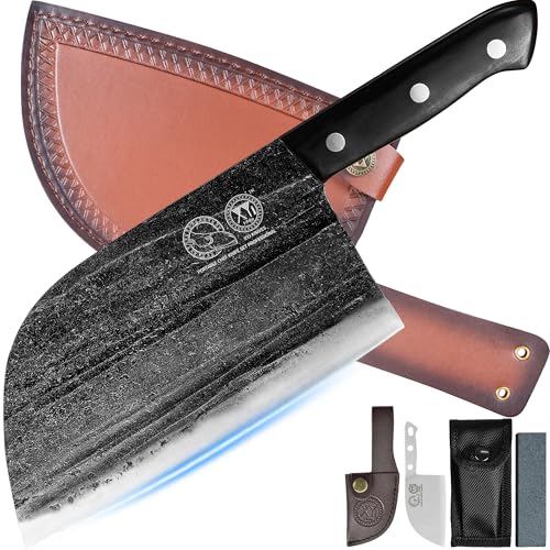XYJ Herausragendes altes Schmieden,7.5 Zoll voller Tang, serbisches Küchenmesser, Fleischhacker, Küchenmesser Ledermantel, nehmen Sie Tragen, Metzger, für Camping oder im Freien Weihnachtsgeschenke von XYJ