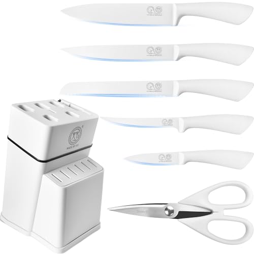 XYJ Authentic Since 1986, Stainless Steel Kitchen Knives Set With Knife Holder, Professional Knife Block Set, White Color Kitchen Knives, Meat Cleaver Slicing Cooking Knife Kitchen Cutlery Tools von XYJ
