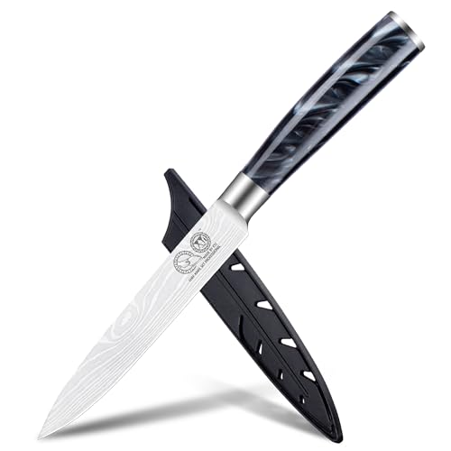 XYJ Authentic Since 1986,5 Inch Stainless Steel Kitchen Utility Knife,Ultra Sharp,Laser Damascus Pattern Japanese Kitchen Knife, Meat Cleaver Steak Cutting Knife With Sheath,Resin Handle von XYJ