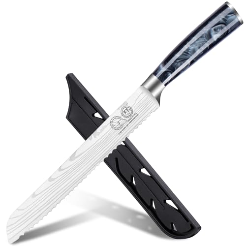 XYJ Authentic Since 1986,8 Inch Bread Knife,Serrated Blade Knife,Stainless Steel Laser Damascus Pattern Serrated Bread Knife With Sleeve,Resin Handle von XYJ