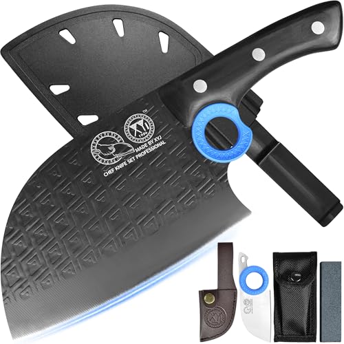 XYJ Authentic Since 1986,Heavy Duty Large Meat Cleaver,Serbian Chef Butcher Knife with Case,Chefs Vegetable Kitchen Knife,Full Tang for Outdoor Camping,Wood Handle with Sheath von XYJ