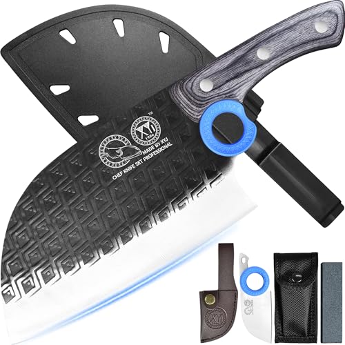 XYJ Authentic Since 1986,Heavy Duty Large Meat Cleaver,Serbian Chef Butcher Knife with Case,Chefs Vegetable Kitchen Knife,Full Tang for Outdoor Camping,Wood Handle with Sheath von XYJ