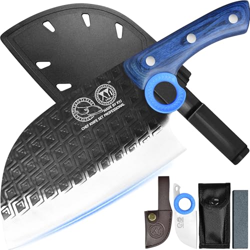 XYJ Authentic Since 1986,Heavy Duty Large Meat Cleaver,Serbian Chef Butcher Knife with Case,Chefs Vegetable Kitchen Knife,Full Tang for Outdoor Camping,Wood Handle with Sheath von XYJ