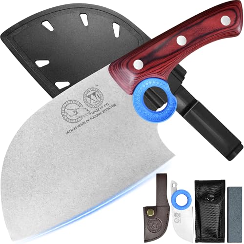 XYJ Authentic Since 1986,Heavy Duty Large Meat Cleaver,Serbian Chef Butcher Knife with Case,Chefs Vegetable Kitchen Knife,Full Tang for Outdoor Camping,Wood Handle with Sheath von XYJ