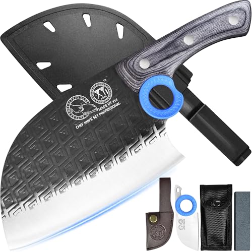 XYJ Authentic Since 1986,Heavy Duty Large Meat Cleaver,Serbian Chef Butcher Knife with Case,Chefs Vegetable Kitchen Knife,Full Tang for Outdoor Camping,Wood Handle with Sheath von XYJ