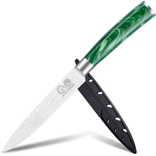 XYJ Japanese Utility Knife 5 Inch Stainless Steel Kitchen Knife With Sleeve,Green Resin Handle,Meat Cleaver for Meat Cutting,Professional Chef Knife,Laser Damascus Pattern XYJ Japanese Utility Knife 5 Inch Stainless Steel Kitchen Knife With Sleeve,Green Resin Handle,Meat Cleaver for Meat Cutting,Professional Chef Knife,Laser Damascus Pattern von XYJ