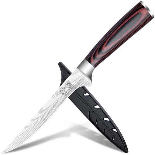 XYJ Kitchen Knife,Stainless Steel,5.5 Inch Boning Knife,Laser Damascus Pattern,Razor Sharp Blade Fish Filleting Carving Knife With Sheath,Portable Outdoor Camping Knife Tool XYJ Kitchen Knife,Stainless Steel,5.5 Inch Boning Knife,Laser Damascus Pattern,Razor Sharp Blade Fish Filleting Carving Knife With Sheath,Portable Outdoor Camping Knife Tool von XYJ