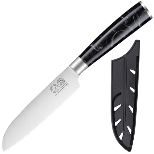 XYJ Kitchen Knife,Stainless Steel 5 Inch Japanese Santoku Knife With Cover,Razor-Sharp,Meat Cleaver for Meat Cutting,Ergonomic Handle,Chefs Knife von XYJ