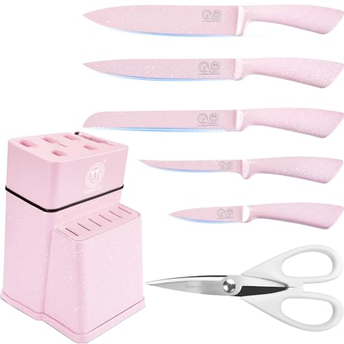 XYJ Knife Block Set, Pink Color, Stainless Steel Kitchen Knives With Knife Block Holder, Meat Cleaver, Professional Cooking Slicing Knife Kit for Master Chef, Kitchen Cutlery von XYJ