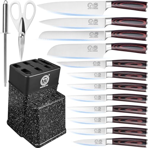 XYJ Professional Knife Set with Block, Scissors, Kitchen Knife Block Set, Stainless Steel Paring Boning Santoku Slicing Bread Chef Knives Set, Wood Handle von XYJ