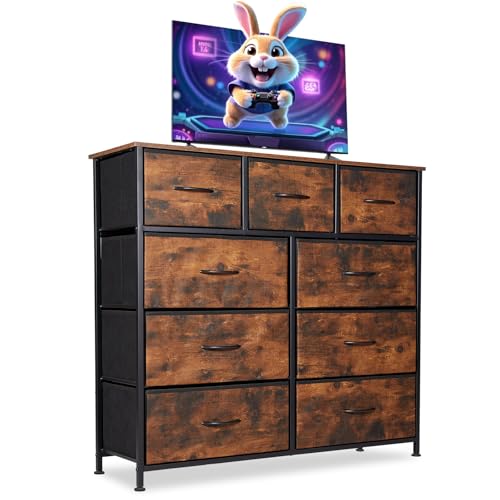 XYJBHB Kommode mit 9 Schubladen aus Stoff, Kinderzimmer Organizer für Schlafzimmer, Aufbewahrungsturm mit Schrank Metallrahmen Holzplatte, Vintagebraun-Schwarz von XYJBHB