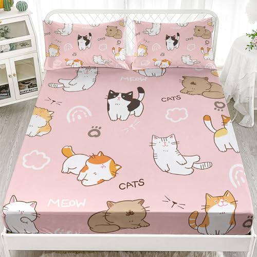 XYNHML Kinder-Spannbetttuch-Set mit niedlichem Katzen-Motiv, 3-teilig, Cartoon-Haustier, Katzenpfote, Steppdecke, Bettlaken, Doppelbett, schönes Tier, weiß, wolkig, Bettwäsche-Set für Jungen, von XYNHML