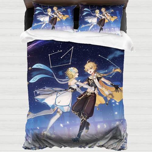 XYOK Genshin Impact Bettwäsche 3teilig 135x200cm Bettbezüge mit Reißverschluss - Bettwäsche Set 2 Kissenbezüge 80x80cm Fanartikel (Aether) von XYOK