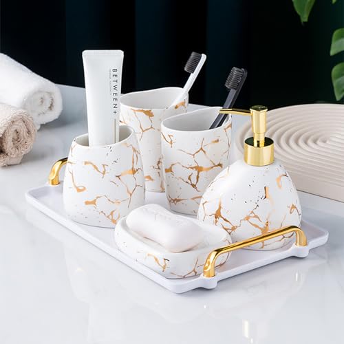 6 pcs Keramik Set für Badezimmer Weiß mit goldnem Marmor-Look. Enthält Seifenverteiler, Zahnbürstenhalter u. mehr. Stylische und praktische Badezimmerdekoration. von XYQXYQ