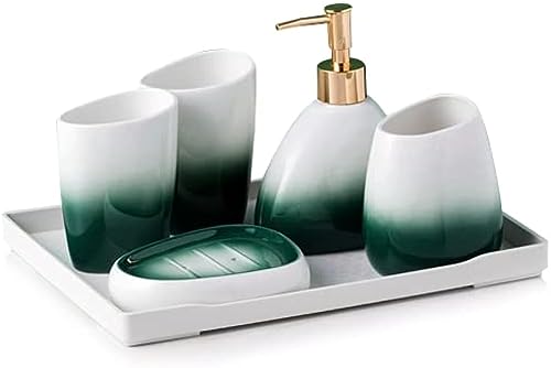 XYQXYQ Elegantes 6-teiliges Badezimmerzubehör-Set aus Keramik mit Lotionspender, Mundspülbecher, Schminktisch, Seifenschale und Zahnbürstenhalter (grün) von XYQXYQ