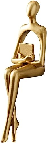 XYQXYQ Sitzende Figur, Abstrakte Skulptur Einer denkenden Person auf einem Bücherregal, Goldfigur Dekoration, Ausgestellte Harzsammlung Skulptur für Heimbüro (Gold-B) von XYQXYQ