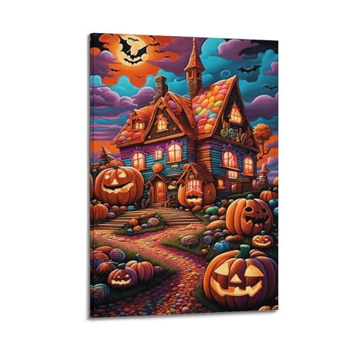 XYSXYCP Leinwand-Kunstbild, Halloween-Poster, buntes Süßigkeitenhaus Kürbisse, modernes Wohnzimmer, Schlafzimmer, Dekoration, 50 x 75 cm XYSXYCP Leinwand-Kunstbild, Halloween-Poster, buntes Süßigkeitenhaus Kürbisse, modernes Wohnzimmer, Schlafzimmer, Dekoration, 50 x 75 cm von XYSXYCP