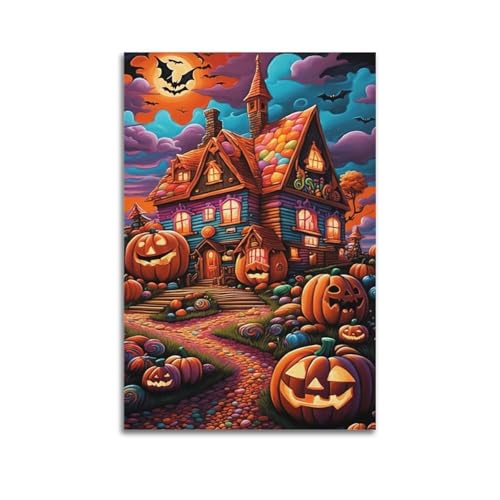 XYSXYCP Leinwand-Kunstbild, Halloween-Poster, buntes Süßigkeitenhaus Kürbisse, modernes Wohnzimmer, Schlafzimmer, Dekoration, 50 x 75 cm XYSXYCP Leinwand-Kunstbild, Halloween-Poster, buntes Süßigkeitenhaus Kürbisse, modernes Wohnzimmer, Schlafzimmer, Dekoration, 50 x 75 cm von XYSXYCP