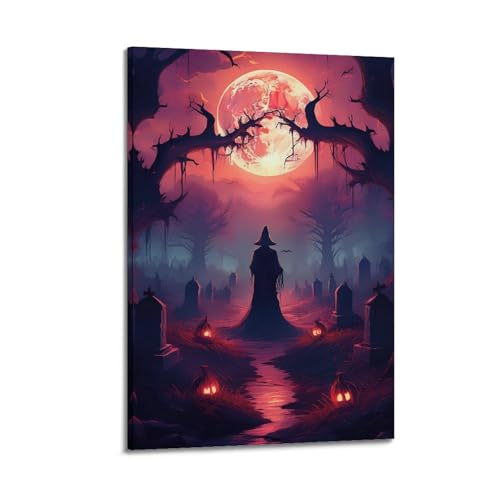 XYSXYCP Leinwandbild, Halloween-Poster, geheimnisvolle Hexe, Friedhof, Kürbisse, moderne Wohnzimmer-Dekoration, 60 x 90 cm XYSXYCP Leinwandbild, Halloween-Poster, geheimnisvolle Hexe, Friedhof, Kürbisse, moderne Wohnzimmer-Dekoration, 60 x 90 cm von XYSXYCP