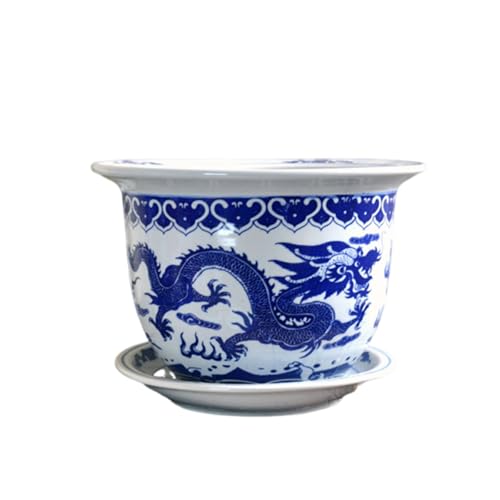 Blau-weißes Porzellan, Bonsai-Blumentopf, Chinoiserie-Keramik-Übertopf, handbemalt, antiker Pflanzenbehälter, dekorative Pflanzentöpfe for drinnen und draußen(17x13x12cm) von XYUERU