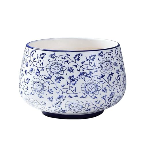 Blaue und weiße Porzellan-Keramik-Pflanztöpfe,runder Garten-Blumentopf dekorative Chinesische Designschale,mit Drainageloch-Gartentöpfen für Büro Garten Wohnung(19.5x11x13.3cm) von XYUERU