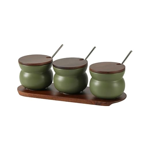Keramik Gewürzgläser Gewürzhalter für 3 Gewürzdosen mit Löffeln und Deckel,Vorratsdose mit Luftdichten Deckel, Vintage Gewürzstreuer Set Zuckerdose für Zuhause Küche Kaffeebar(Green) von XYUERU