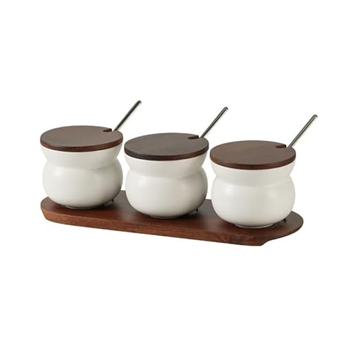 Keramik Gewürzgläser Gewürzhalter für 3 Gewürzdosen mit Löffeln und Deckel,Vorratsdose mit Luftdichten Deckel, Vintage Gewürzstreuer Set Zuckerdose für Zuhause Küche Kaffeebar(White) von XYUERU
