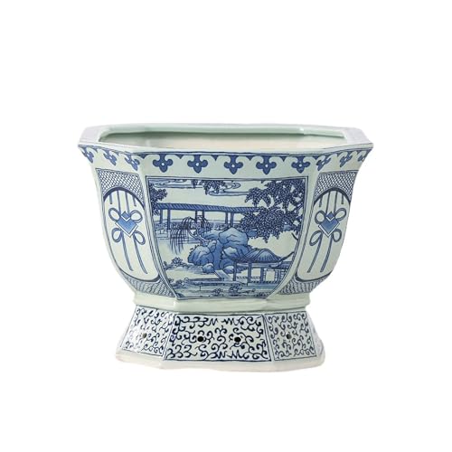Keramik-blumentopf Im Chinesischen Stil,Dekorativer Pflanztopf Mit Ablauflöchern Blau-weißer Bonsai-keramiktopf Für Zuhause Büro Und Cafés Gartendekoration von XYUERU