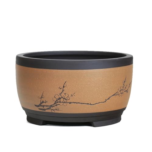 Runder Blumentopf, Chinesischer Keramik-Übertopf Mit Drainageloch Bonsai für Innenbereich Dekorativer Pflanze Topfpflanze Pflanzenbehälter Für Zuhause Balkon Gartendekoration(Brown,25.5x21cm) von XYUERU