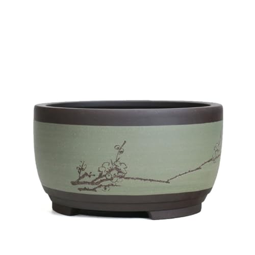 Runder Blumentopf, Chinesischer Keramik-Übertopf Mit Drainageloch Bonsai für Innenbereich Dekorativer Pflanze Topfpflanze Pflanzenbehälter Für Zuhause Balkon Gartendekoration(Green,21x17cm) von XYUERU